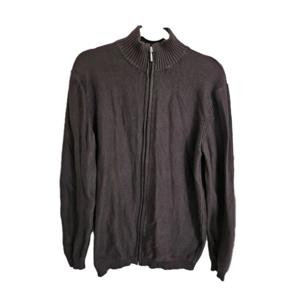 Emile Lafaurie Sweater Mens XL Brown Knit Full Zip Mock Neck Cotton Longsleeve